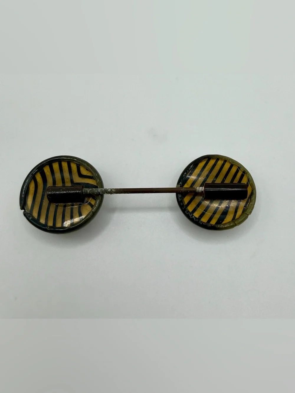 Jabot Vtg Art Deco Celluloid Hat Pin Green Dome Stripe Yellow Round Stick Brooch